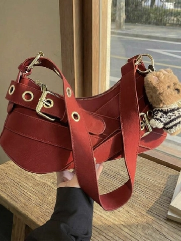 Borsa a Spalla da Moto in Pelle PU Retrò per Donna Borsa Hobo Sottoascellare Patchwork Con Fibbia in Metallo e Ciondolo a Forma di Cane in Peluche
