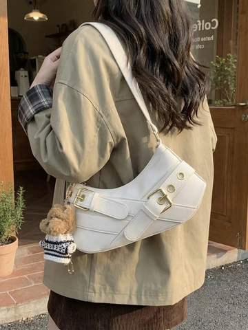 Borsa a Spalla da Moto in Pelle PU Retrò per Donna Borsa Hobo Sottoascellare Patchwork Con Fibbia in Metallo e Ciondolo a Forma di Cane in Peluche