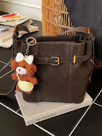 Damen Vintage Matte Kunstleder Beuteltasche Retro Schulter Umhängetasche Große Kapazität Tote Mit Bärenanhänger