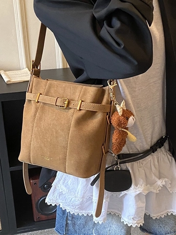 Damen Vintage Matte Kunstleder Beuteltasche Retro Schulter Umhängetasche Große Kapazität Tote Mit Bärenanhänger