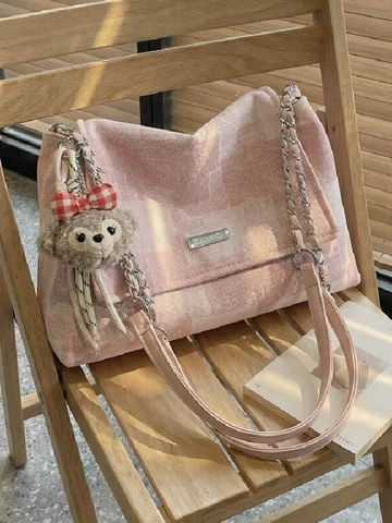Große Damen Schultertasche Mit Modischer Webstruktur Und Kettenriemen Mit Bärchenanhänger Mode Shopper Alltag Handtasche
