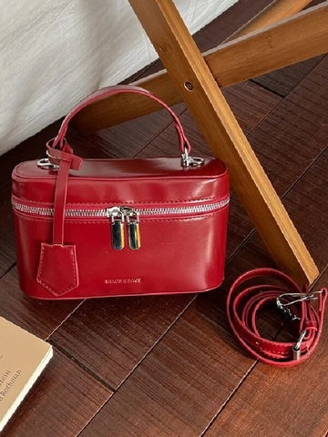 Damen Vintage Kunstleder Kosmetikkoffer Tasche Box Form Doppelreißverschluss Schulter Umhängetasche Griff Aufbewahrung Organizer
