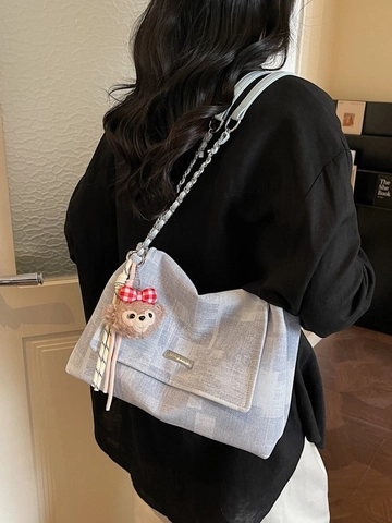 Große Damen Schultertasche Mit Modischer Webstruktur Und Kettenriemen Mit Bärchenanhänger Mode Shopper Alltag Handtasche