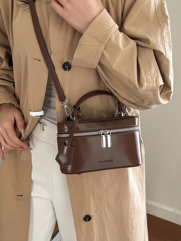 Damen Vintage Kunstleder Kosmetikkoffer Tasche Box Form Doppelreißverschluss Schulter Umhängetasche Griff Aufbewahrung Organizer