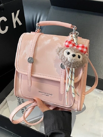 Women Retro PU Leather Backpack Small Fashion Commuter Schoolbag Versatile Mini Shoulder Bag With Plush Hanger Solid Color Flap Backpack