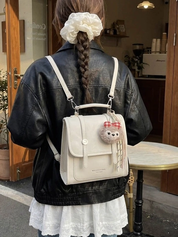 Women Retro PU Leather Backpack Small Fashion Commuter Schoolbag Versatile Mini Shoulder Bag With Plush Hanger Solid Color Flap Backpack