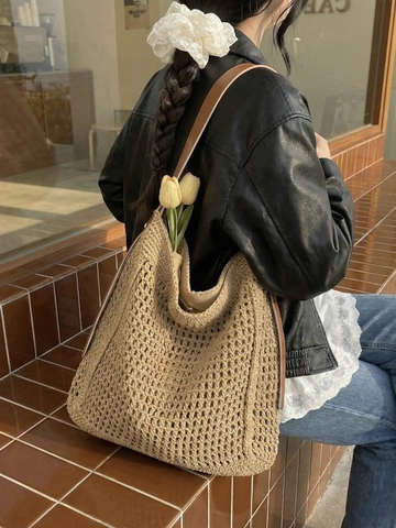 Bolso Tote de Punto Hecho a Mano Bohemio para Mujer Gran Capacidad Bolso de Hombro Casual para Playa Con Correa de Cuero PU