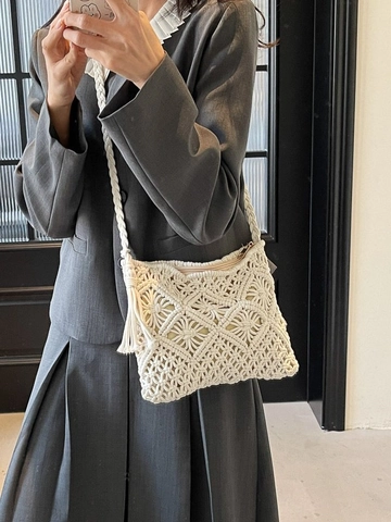 Borsa a Tracolla Boho Intrecciata a Mano in Tessuto da Donna Vintage Traforata Con Nappine per Spiaggia Vacanza