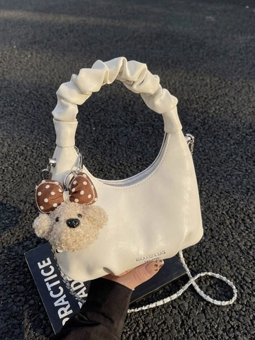 Damen Raffung Dumpling Tasche Plissierter Griff Schultertasche Mit Bärenanhänger PU Leder Kette Umhängetasche Mode Hobo Tasche