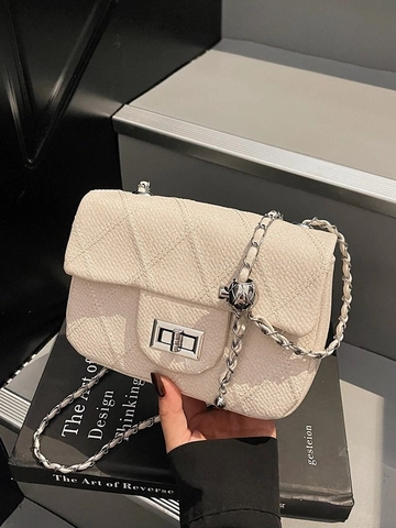 Women's Quilted Rhombic Pattern Fabric Shoulder Bag With Metal Chain Strap Adjustable Ball Lock Square Crossbody Bag