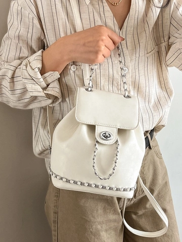 Women Fashion Synthetic Leather Chain Backpack Small Square Bag Commuting Schoolbag For College Students Solid Color Drawstring Buckle Metal Lock Backpack