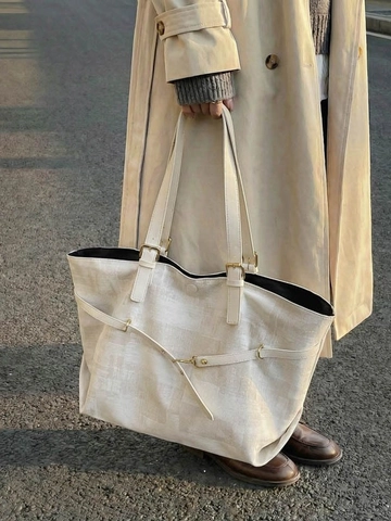 Vintage Large Capacity Tote Bag For Women Fashion PU Leather Shoulder Bag Commuting Casual Handbag With Metal Buckle