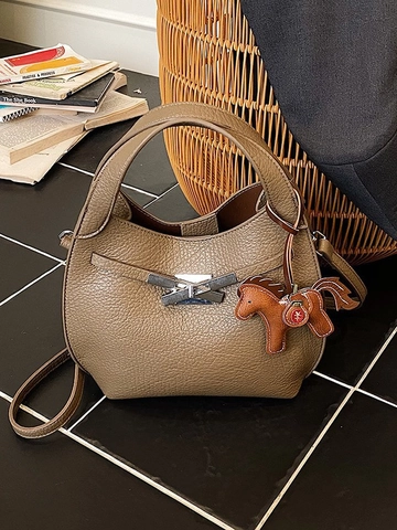 Borsa a Secchiello da Donna in Pelle con Motivo Litchi Borsa a Tracolla Casual con Ciondolo a Cavallo Removibile Moda