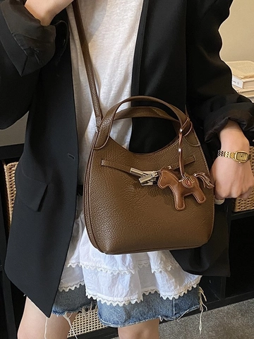 Borsa a Secchiello da Donna in Pelle con Motivo Litchi Borsa a Tracolla Casual con Ciondolo a Cavallo Removibile Moda