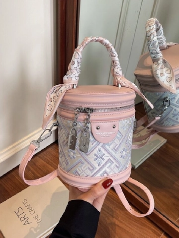 Bolso Bombonera Cilíndrico Vintage para Mujer Cuero Sintético Jacquard Bolso de Hombro Con Pañuelo de Seda Bolso Bandolera
