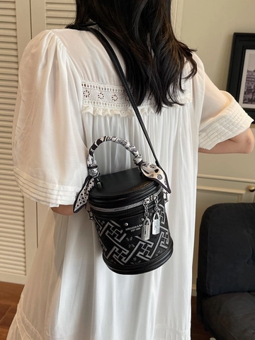 Bolso Bombonera Cilíndrico Vintage para Mujer Cuero Sintético Jacquard Bolso de Hombro Con Pañuelo de Seda Bolso Bandolera