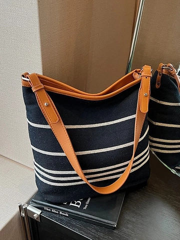 Large Capacity Striped Canvas Bucket Bag For Women Retro Casual Contrast Color Single Shoulder Crossbody Tote Bag For Travel Work