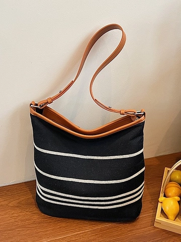 Large Capacity Striped Canvas Bucket Bag For Women Retro Casual Contrast Color Single Shoulder Crossbody Tote Bag For Travel Work