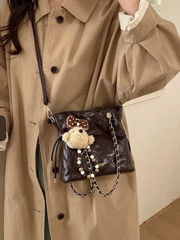 Vintage Gevoerde Emmer Tas Voor Vrouwen Mode Synthetisch Leer Ketting Schoudertas Met Pluche Beer Bedeltje Handtas