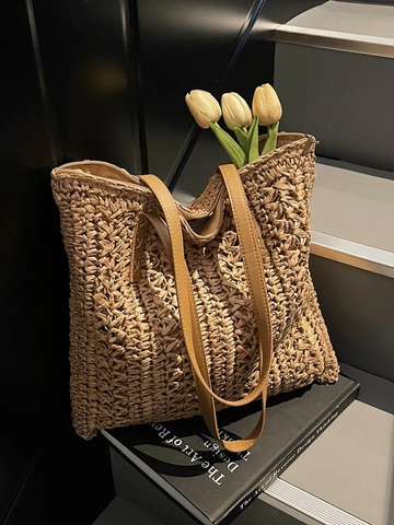 Borsa Tote in Paglia Intrecciata Vintage da Donna Grande Capacità Borsa a Spalla da Spiaggia Con Manico in Pelle PU Estate
