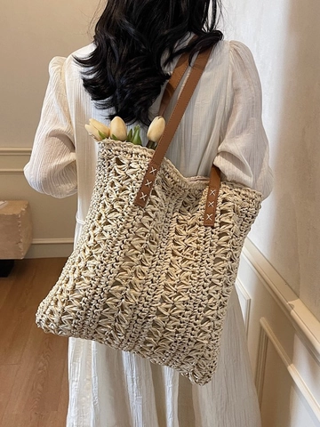 Borsa Tote in Paglia Intrecciata Vintage da Donna Grande Capacità Borsa a Spalla da Spiaggia Con Manico in Pelle PU Estate