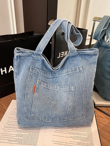 Borsa Tote in Denim Lavato Vintage per Donna Grande Capacità Borsa a Spalla Casual Con Cuciture a Contrasto Borsa da Viaggio