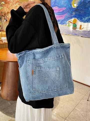 Borsa Tote in Denim Lavato Vintage per Donna Grande Capacità Borsa a Spalla Casual Con Cuciture a Contrasto Borsa da Viaggio