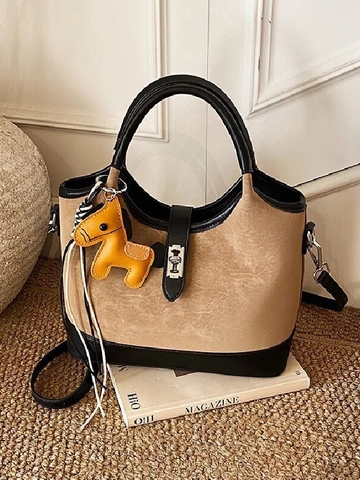 Sac Seau Vintage en Cuir Synthétique Bicolore pour Femmes Sac à Main de Mode avec Bandoulière Réglable et Décoration de Charme