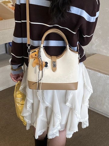 Sac Seau Vintage en Cuir Synthétique Bicolore pour Femmes Sac à Main de Mode avec Bandoulière Réglable et Décoration de Charme