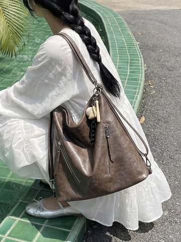 Vintage Kunstleder Umhängetasche Große Kapazität Tote Für Damen Pendeln Multifunktionale Lässige Hobo Bag Mit Baseball Anhänger