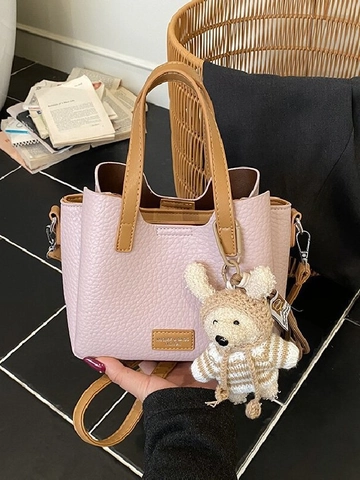 Borsa da Donna Minimalista in Pelle Sintetica con Texture Litchi Moda Color Block Borsa a Spalla con Pendente in Peluche