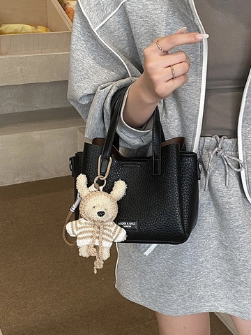 Borsa da Donna Minimalista in Pelle Sintetica con Texture Litchi Moda Color Block Borsa a Spalla con Pendente in Peluche