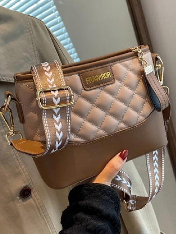 Bolso Bandolera Acolchado de Rombos para Mujer Moda Bloque de Color Bolso de Cubo Correa de Hombro Ancha Estilo Metropolitano Bolso de Cuero PU