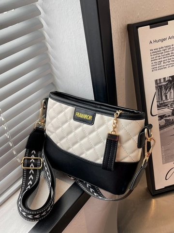 Bolso Bandolera Acolchado de Rombos para Mujer Moda Bloque de Color Bolso de Cubo Correa de Hombro Ancha Estilo Metropolitano Bolso de Cuero PU
