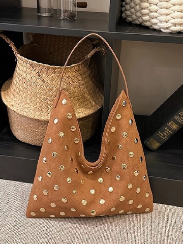 Retro Rivet Shoulder Bag Women Large Capacity Synthetic Leather Hobo Tote Solid Color Chic Underarm Bag Fashion Satchel