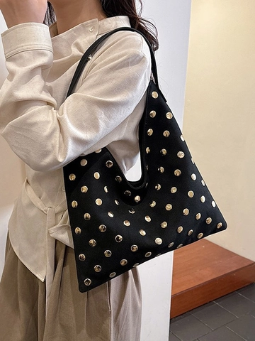 Retro Rivet Shoulder Bag Women Large Capacity Synthetic Leather Hobo Tote Solid Color Chic Underarm Bag Fashion Satchel