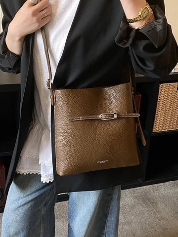 Women Retro Litchi Grain Synthetic Leather Shoulder Bag Large Capacity Minimalist Bucket Tote Crossbody Bag For Everyday