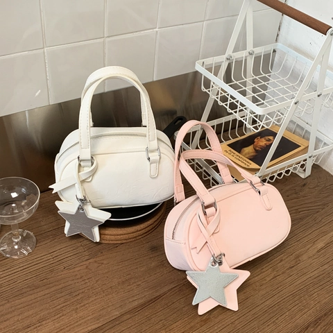 Bolso Bowling Retro Japonés con Colgante de Estrella Lindo Bolso de Mano Boston de Cuero PU Minimalista Mini Bandolera para Mujer Diario