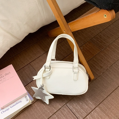 Bolso Bowling Retro Japonés con Colgante de Estrella Lindo Bolso de Mano Boston de Cuero PU Minimalista Mini Bandolera para Mujer Diario
