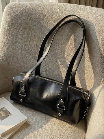 Women Modern Minimalist Cylindrical Shoulder Bag Solid Color Faux Leather Underarm Bag Fashion Rivet Decor Commuting Handbag