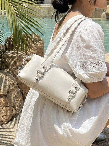 Women Modern Minimalist Cylindrical Shoulder Bag Solid Color Faux Leather Underarm Bag Fashion Rivet Decor Commuting Handbag