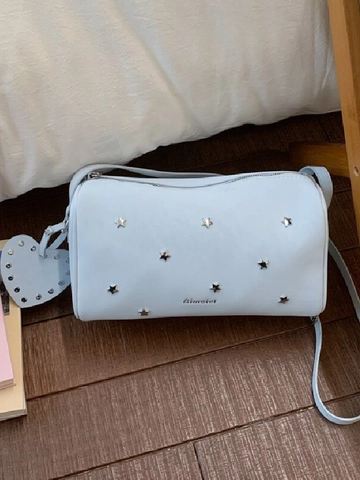 Borsa a Spalla Cilindrica con Borchie a Stella da Donna Borsa a Tracolla Boston in Pelle Sintetica con Ciondolo a Cuore