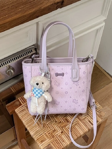 Bolso Bombonera de Cuero PU para Mujer a la Moda Estampado de Dibujos Animados Monograma Bolso de Hombro Cruzado Con Colgante de Oso