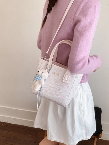 Bolso Bombonera de Cuero PU para Mujer a la Moda Estampado de Dibujos Animados Monograma Bolso de Hombro Cruzado Con Colgante de Oso