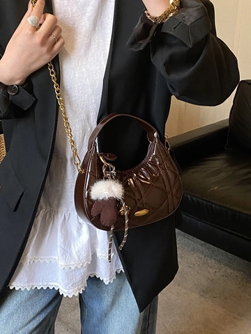 Borsa Hobo da Donna in Pelle Sintetica Trapuntata Borsa a Spalla Dumpling con Motivo Romboidale Catena Dorata Tracolla Banchetto Pendolare