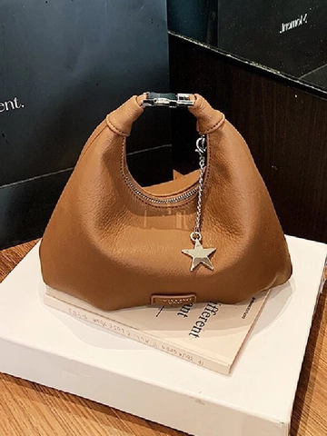 Damen Vintage Litschi-Struktur Kunstleder Hobo Tasche Mit Sternanhänger Mode Schultertasche Mondform Unterarm Handtasche