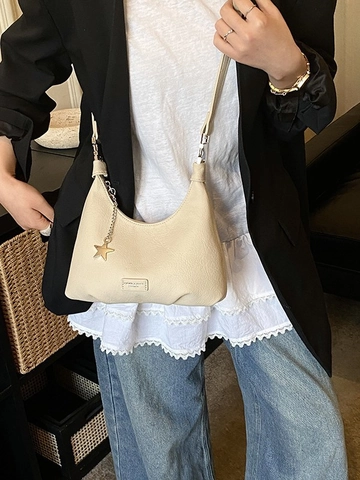 Damen Vintage Litschi-Struktur Kunstleder Hobo Tasche Mit Sternanhänger Mode Schultertasche Mondform Unterarm Handtasche