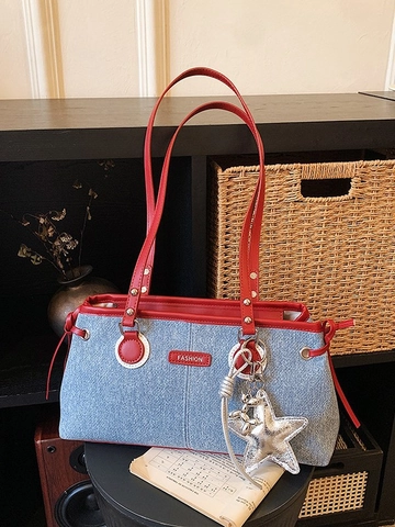 Sac à Épaule en Denim Color Block Mode pour Femmes Vintage Premium Sac de Bowling Sous le Bras Avec Pendentif Étoile Bordure en Cuir Synthétique