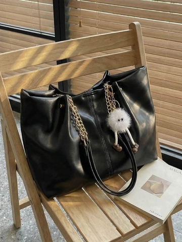 Borsa Tote in Pelle Sintetica di Grande Capacità per Donna Borsa a Tracolla Pendolare Minimalista con Catena d'Oro e Ciondolo in Peluche