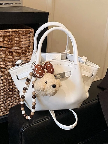 Vintage Damen Eimer Tasche aus Kunstleder mit Teddybär Anhänger und Perlenkette Stilvolles Umhängetasche Design für Alltag